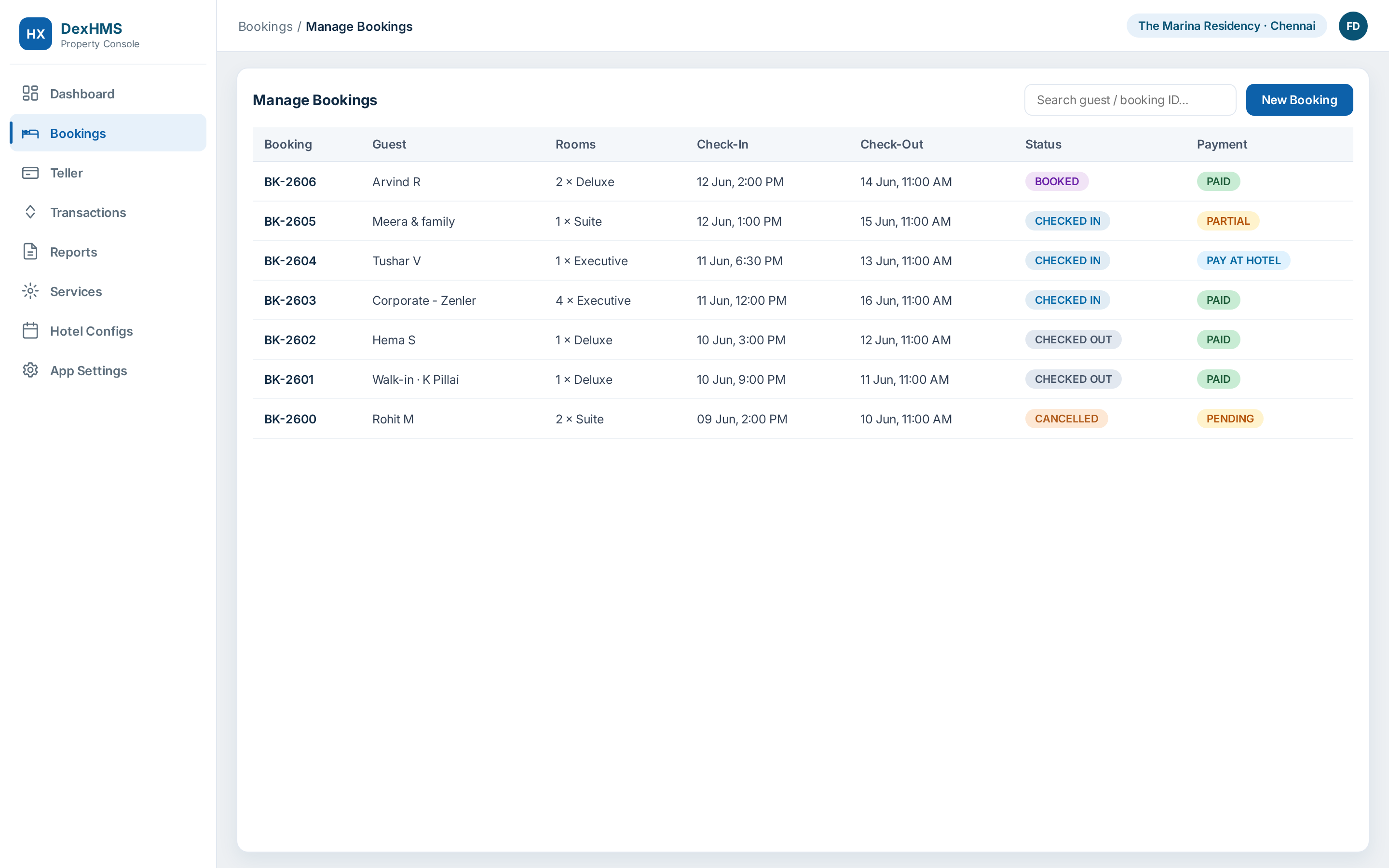 Manage bookings - status and payment, from booked to checked-out