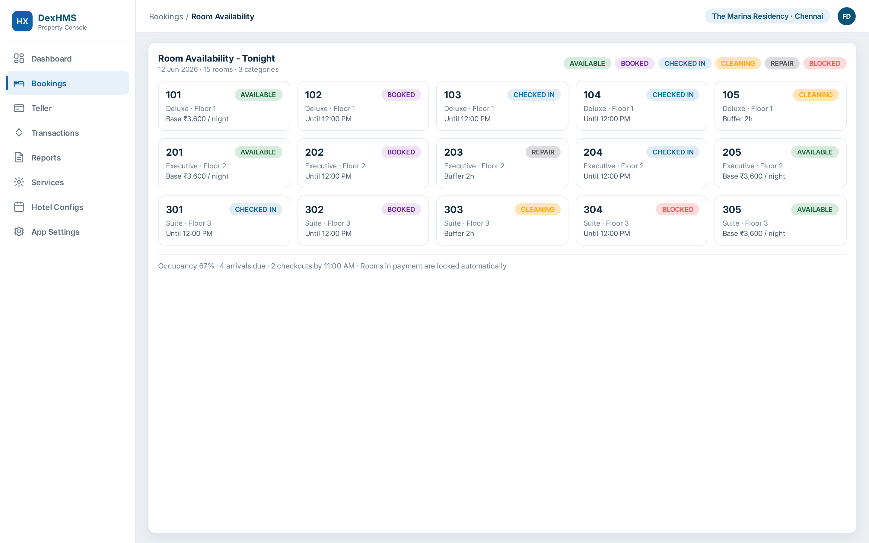 Room availability - every room's live status, locks held during payment