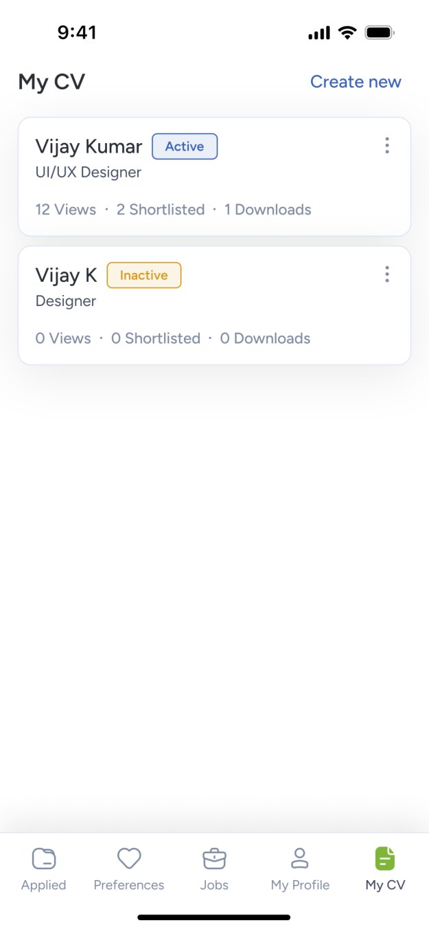 Multiple CVs with views, shortlists and downloads